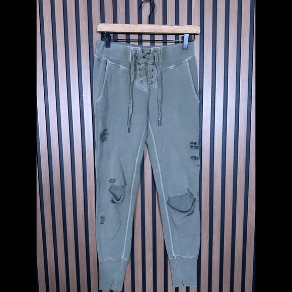 NSF x Soul Cycle Joggers Small Womens Sage Green Lace Up Mid Rise Distressed - Picture 1 of 8